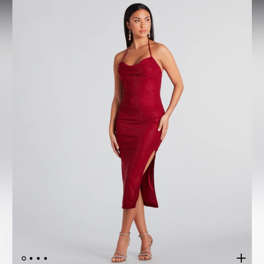 Windsor rhinestone Cowl halter midi dress size small color wine